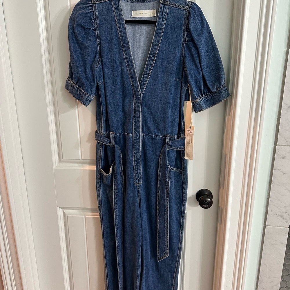 Blue Denim Jumpsuit with Puff Sleeves and Tie Waist
